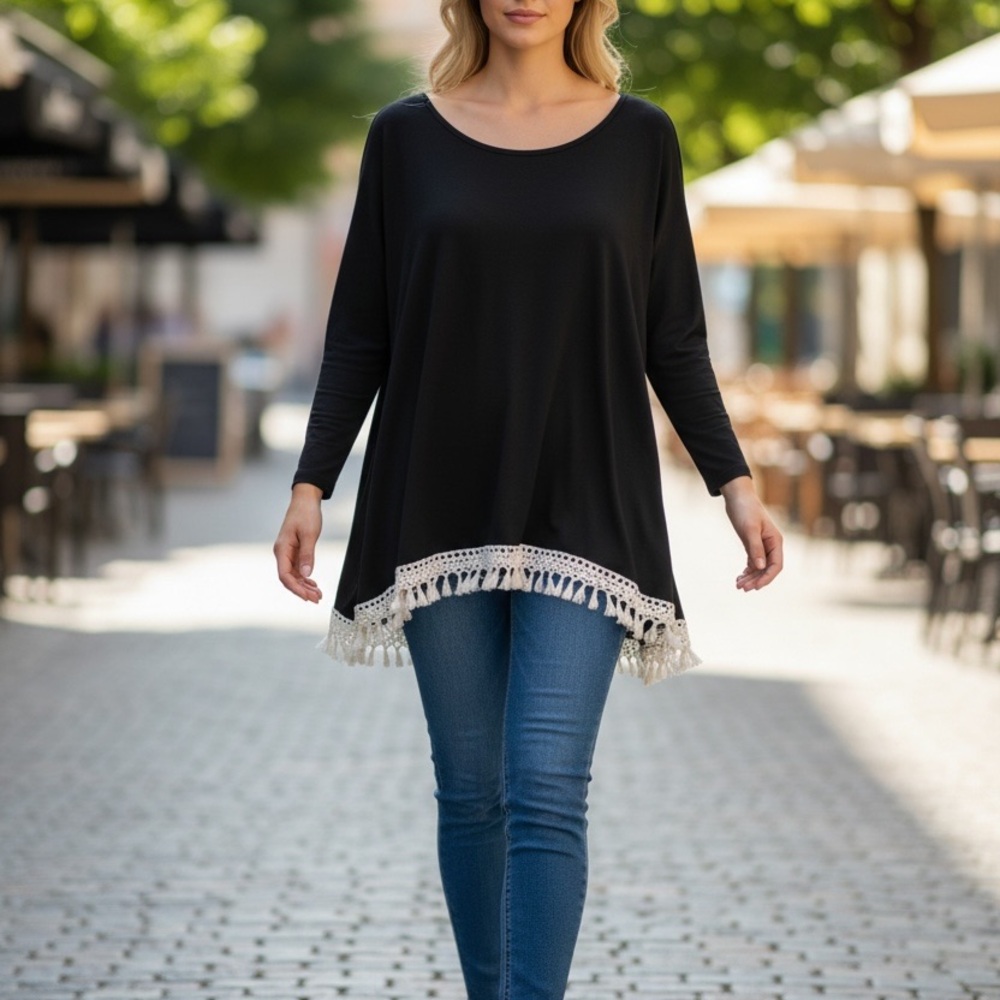 Elegant Black Fringe Hem Blouse